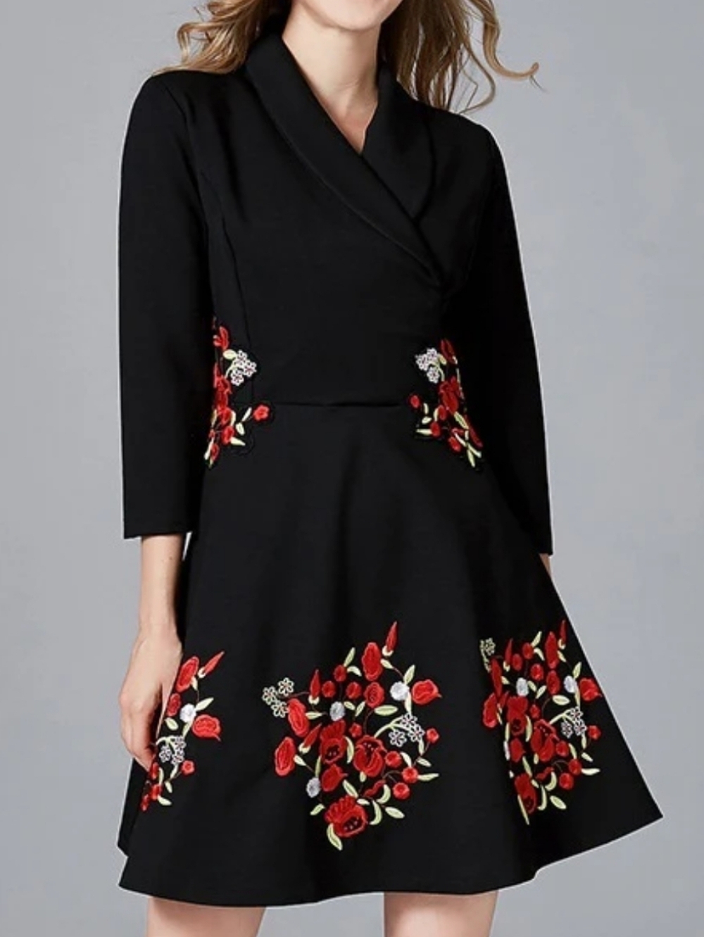 Black Midi Dress with Red Floral Embroidery